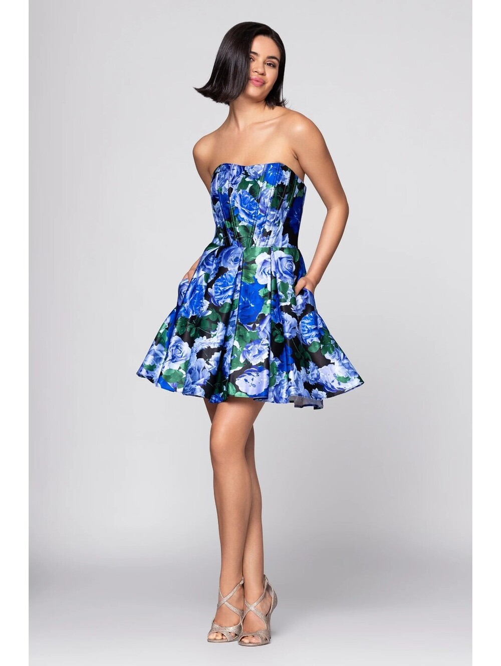 Blondie Nites "Aliyah" Satin Strapless Floral Print Short Dress sz 11 Blue NWT